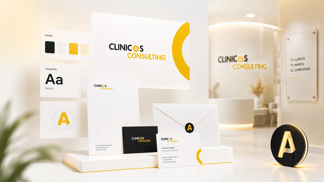 Branding clínico premium con identidad visual, tarjetas, sobres y experiencia de recepción