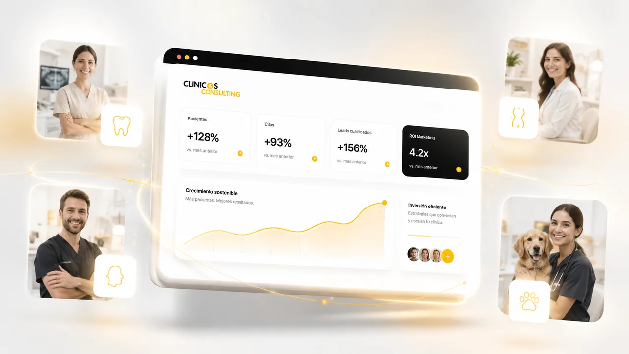 Dashboard premium de marketing clínico para captar pacientes en clínicas dentales, estética, cirugía y veterinarias
