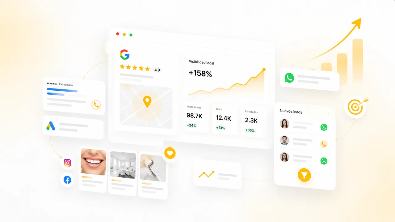 Marketing para clínicas con SEO local, Google Ads, redes sociales, leads y WhatsApp