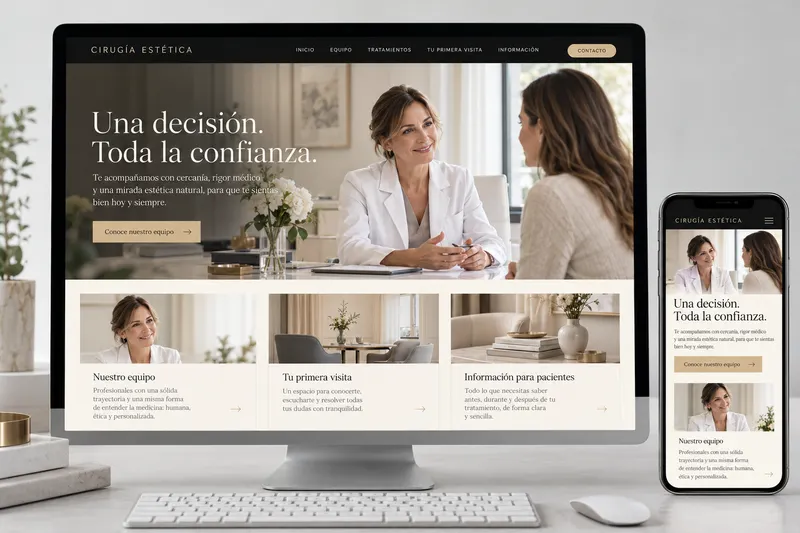 Concepto de web de cirugía estética generado con IA, con consulta, equipo y primera visita en ordenador y móvil