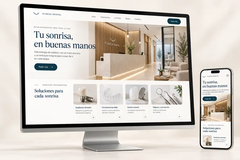 Concepto de web dental generado con IA, con recepción, tratamientos y versiones de ordenador y móvil