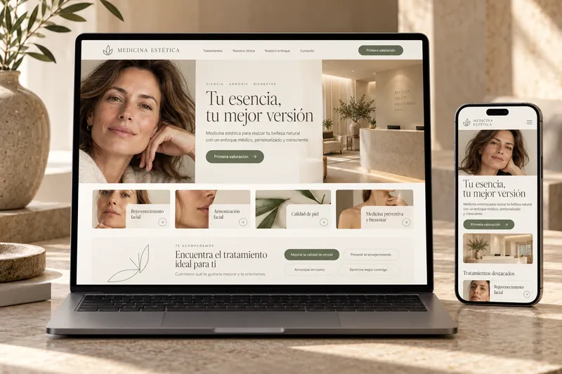 Concepto de web de medicina estética generado con IA, con diseño editorial y orientación para solicitar valoración